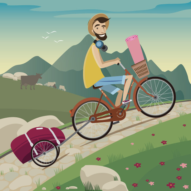 背包客在山里骑自行车旅行图片下载