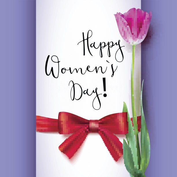 模板贺卡与郁金香和红色蝴蝶结。妇女节快乐，恭喜善良可爱的人。现实的郁金香花在一个几何背景图片下载