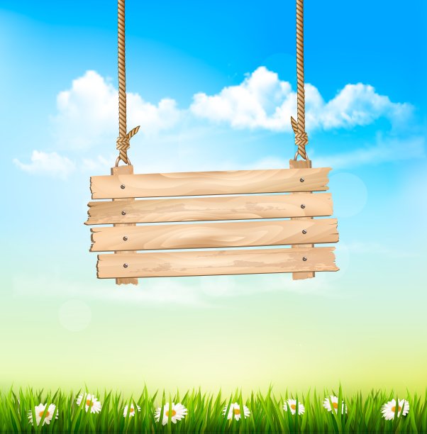春天的自然背景与绿色的草和木制的标志。图片下载