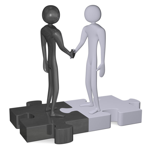 黑白3d人在拼图上握手图片下载