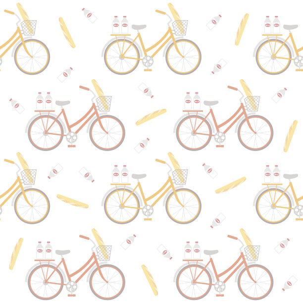 无缝图案与五颜六色的自行车，法棍和牛奶。伟大的包装纸，海报，背景的网站。图片下载
