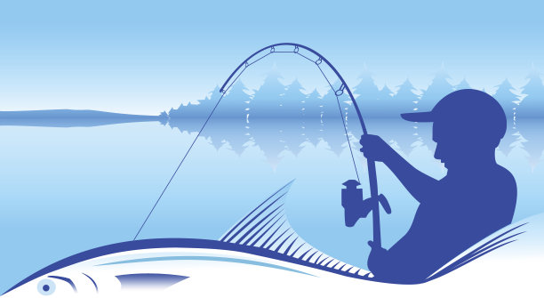 一个渔夫抓到一条大鱼的剪影图片下载
