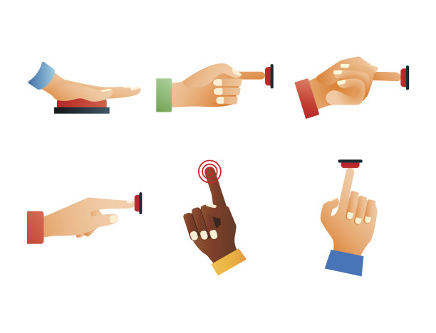 手按红色按钮手指按控制推指针手势人体部分矢量插图图片下载