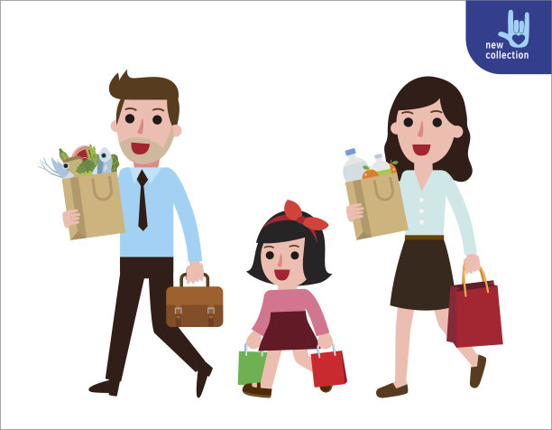家人一起购物。购买食物。爸爸妈妈的女儿。拿着装杂货的袋子。矢量平面卡通人物图标设计插图。商业超市的概念。图片下载