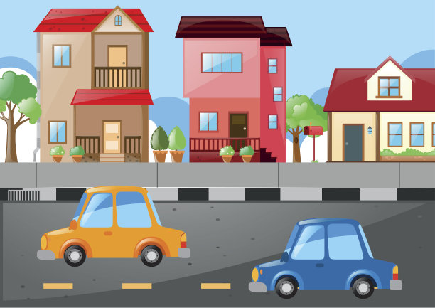 路上有房子和汽车的场景图片下载