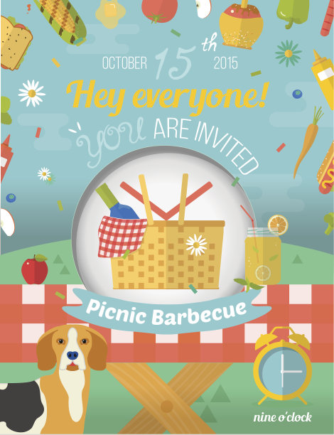 家庭野餐邀请卡在矢量格式。空地插图、平面图片下载
