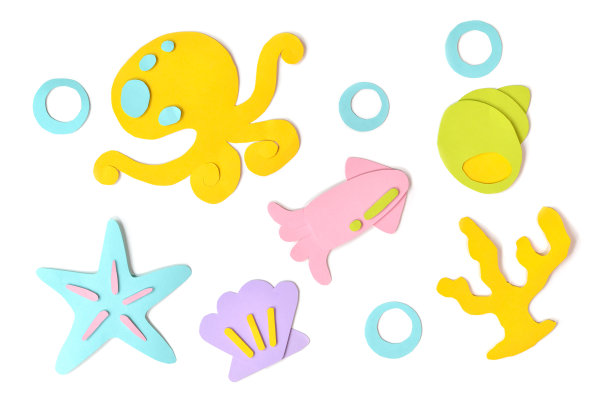 海洋生物剪纸在白色背景孤立图片下载
