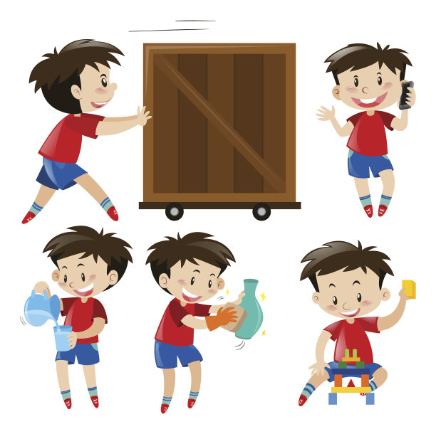 穿红衬衫的男孩在做不同的事情图片下载