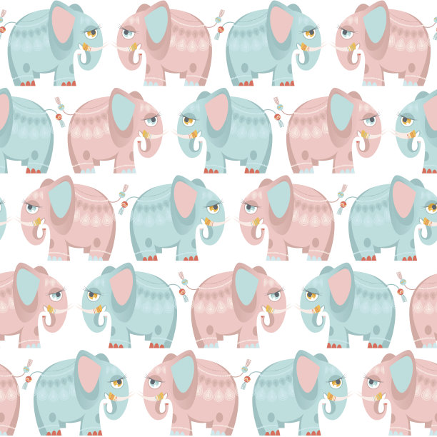 装饰着蓝色和粉色的大象。无缝的背景图案。图片下载