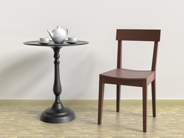 室内有红色椅子，黑色桌子和杯子，3D图片下载