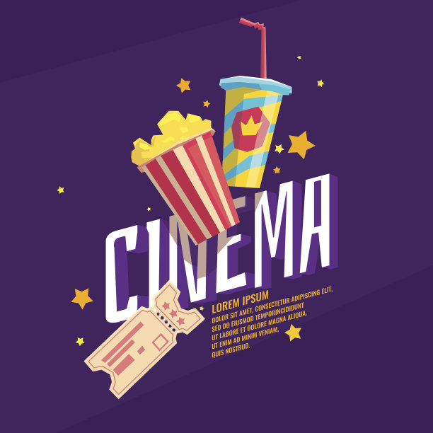 彩色海报电影，爆米花，一张票和苏打水图片下载