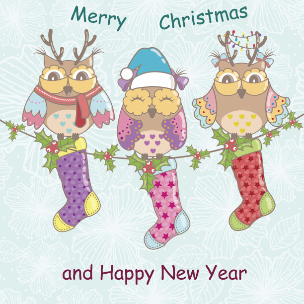 蓝色背景上有猫头鹰和圣诞袜的圣诞卡图片下载