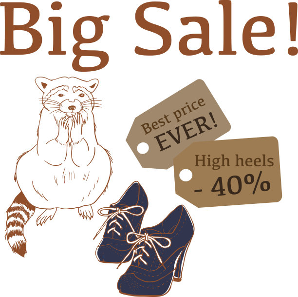 大减价插图与有趣的浣熊，高跟鞋和标签图片下载