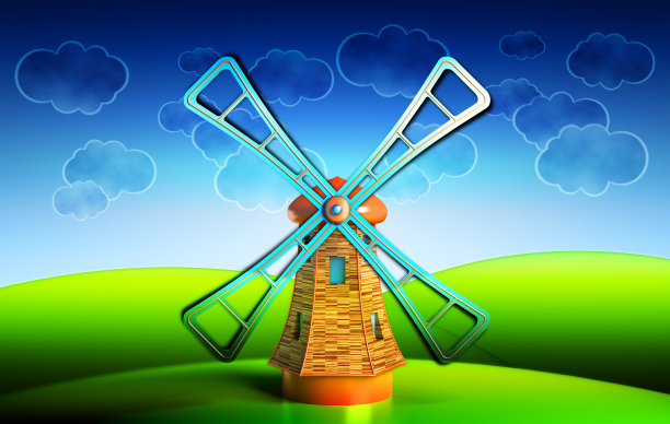 山上的旧木风车插图图片下载