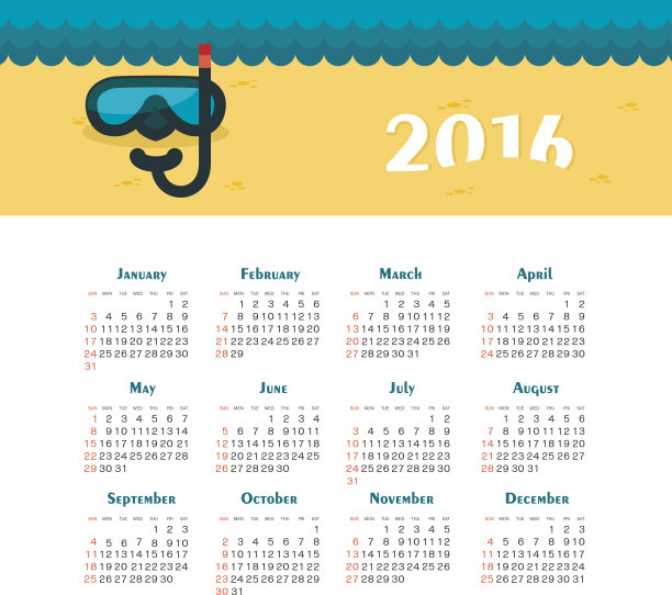 2016年海历。上周星期天开始。图片下载