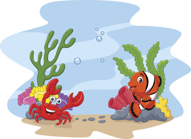 卡通小丑鱼和蟹与畜栏和海葵的背景图片下载