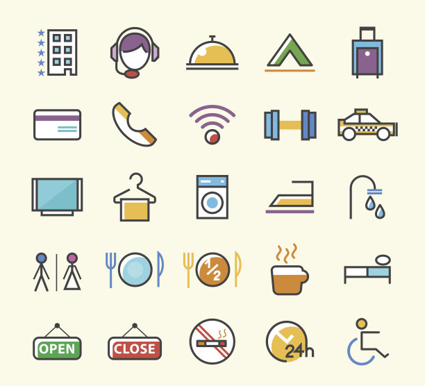 一套25个简约的固体线颜色的酒店图标。图片下载
