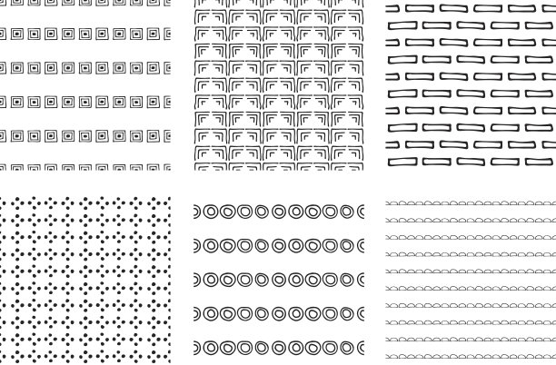 一组无缝矢量模式。黑白几何无尽的背景手绘几何形状，三角形，圆，点，线，简单的图形设计。重复装饰点缀。图片下载