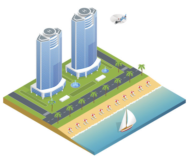 豪华热带度假酒店与棕榈树，直升机和海和海。旅游夏季旅行目的地和海滩度假酒店广场概念的信息图表收集。平面向量插图图片下载