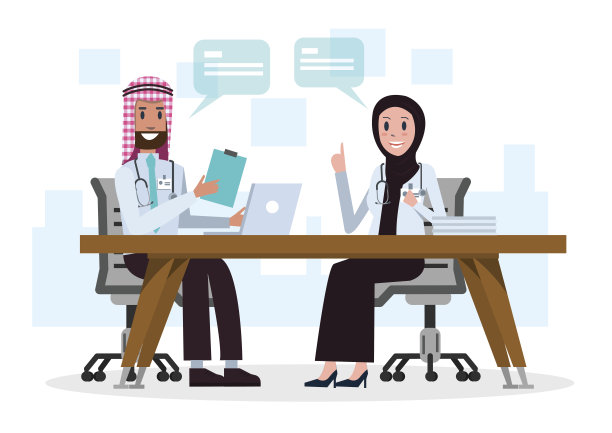 一对沙特阿拉伯医生在房间里谈论医疗病例。平面角色设计，矢量插图图片下载