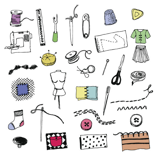 手绘草图缝纫集与缝纫工具轮廓孤立在白色背景图片下载