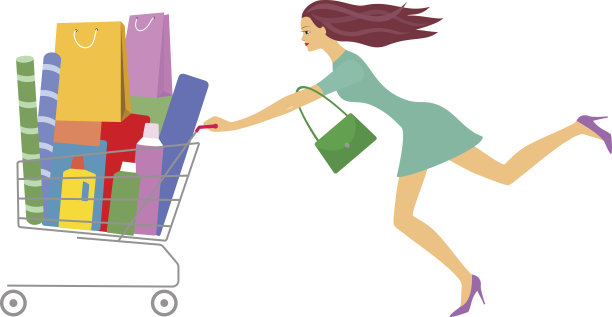 年轻漂亮的女人推满购物车。图片下载