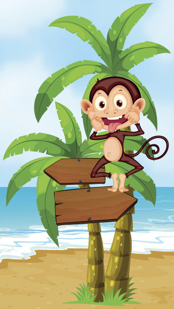 顽皮的猴子在沙滩上木制的箭头图片下载