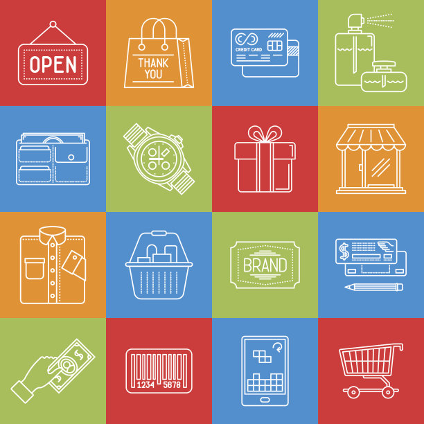 购物和消费主义线性艺术最小矢量图标设置在多色格子纹理图片下载