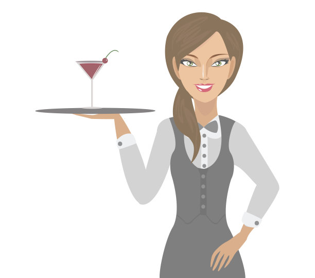 快乐微笑的服务员端着托盘和鸡尾酒图片下载