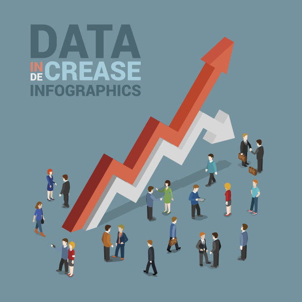 数据增加减少信息图模板概念平面三维网络等角矢量。商人和巨大的红色增长白色滴线箭头。有创造力的人集合。建立你的信息。图片下载