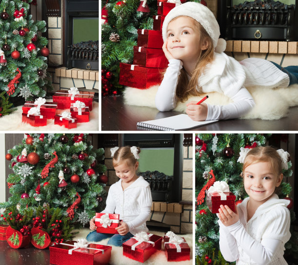 滑稽的女孩戴着圣诞帽给圣诞老人写信。圣诞节图片下载
