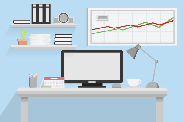 室内办公室设计，电脑及配件设计。向量和插图图片下载