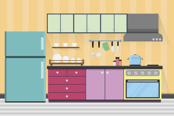 室内厨房设计与厨具。向量和插图图片下载