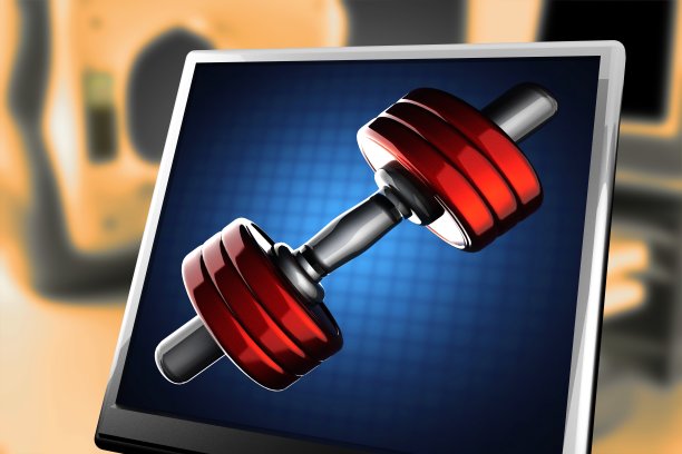 显示器上蓝色背景的金属哑铃图片下载