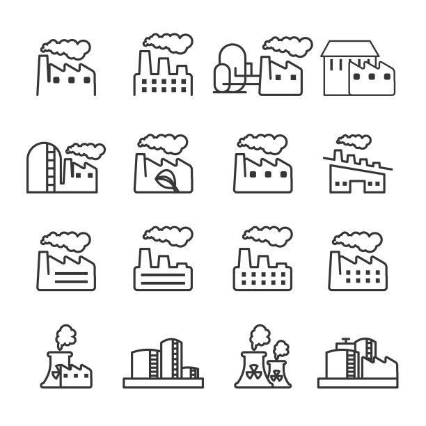 工厂厂房建筑图标集（纤细线条风格，矢量EPS10）图片下载