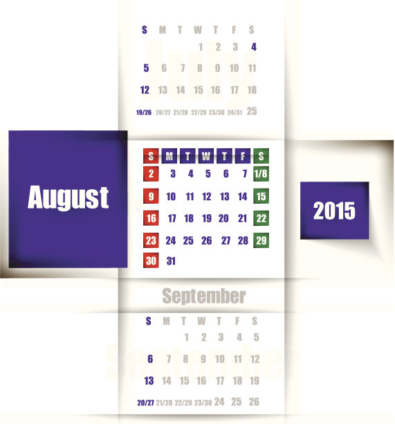 2015年8月日历。一周从周日开始图片下载