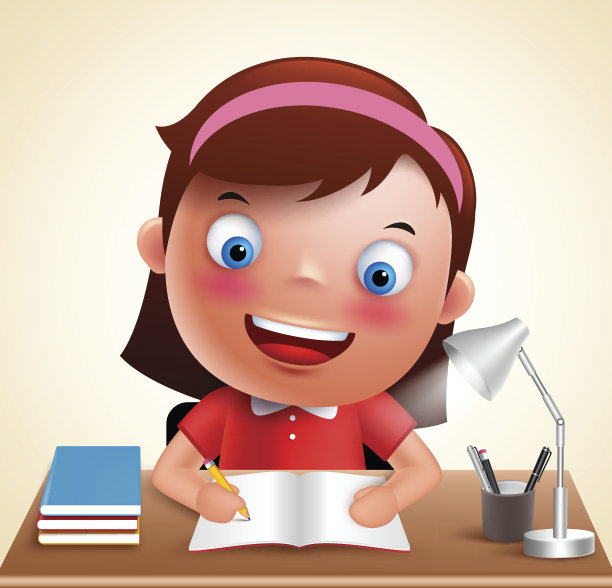女孩孩子矢量字符学习在书桌做学校作业素材图片