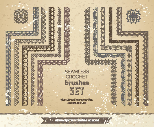 矢量集10复古花边钩针无缝刷子。素材图片