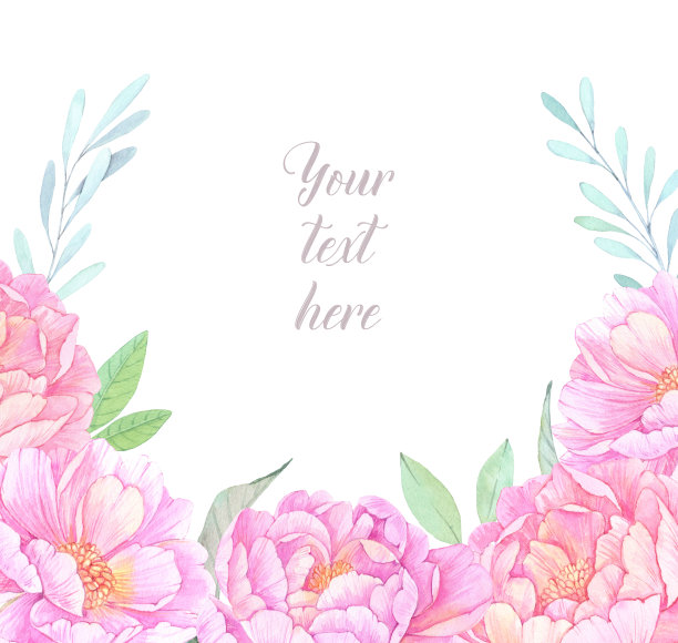 水彩插图。花框架与牡丹花。婚礼请柬/贺卡，叶子，牡丹，蓝色的花。准备使用卡片。保存日期。素材图片