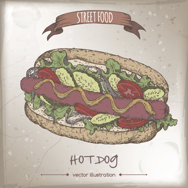 涂鸦背景上的热狗彩色草图图片下载