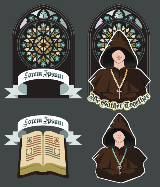 教堂图标设置马赛克窗口，平面矢量插图图片下载