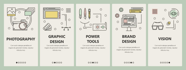 矢量集垂直横幅摄影，平面设计，电动工具，品牌设计和视觉概念模板。现代的细线平符号图片下载