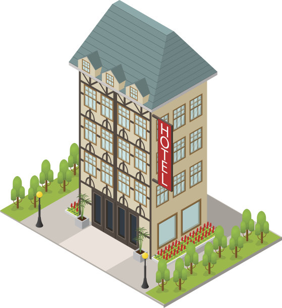 城市酒店建筑等距视图。向量图片下载