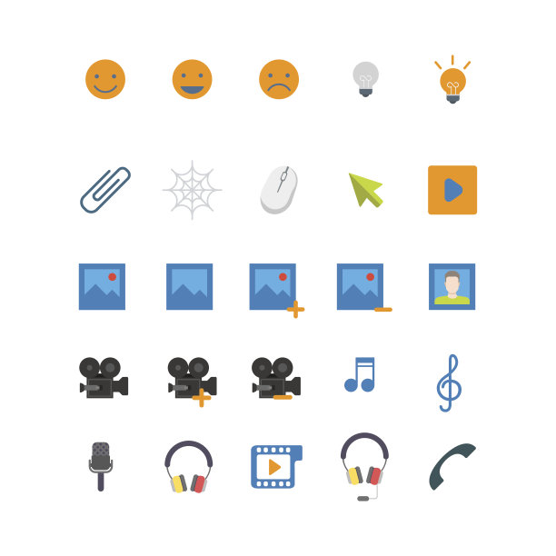平面风格的创意现代移动web应用概念图标集。微笑灯点子蜘蛛网鼠标指针图片照片摄像机音乐音符高音谱号麦克风耳机电话。网站图标集合。图片下载