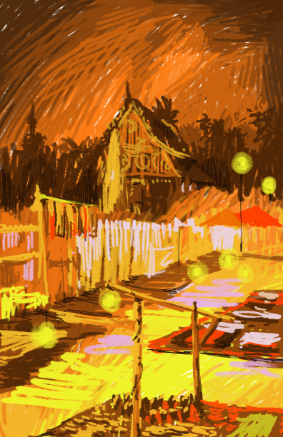 老挝琅勃拉邦、寺庙及夜市绘画图片下载