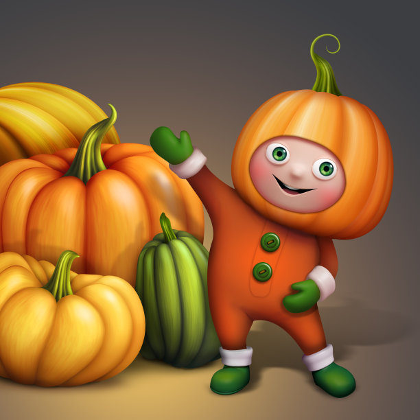 可爱的卡通人物在节日南瓜服装显示南瓜堆，图片下载