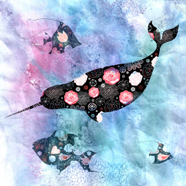 海洋背景与独角鲸和鱼图片下载