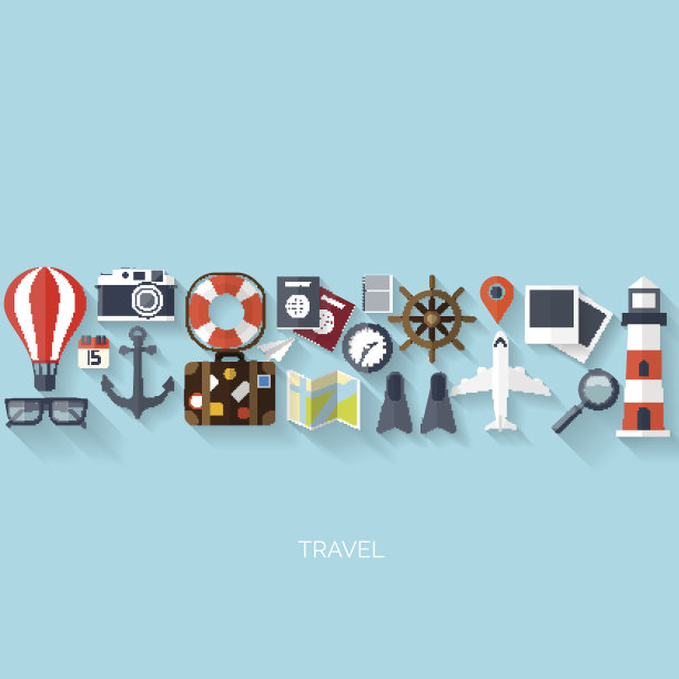 气球图标：世界旅行概念背景的扁平风格图标，旅游假期图片下载