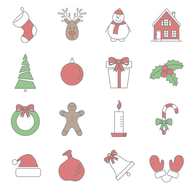 向量设置与圣诞节，新年细线平图标图片下载