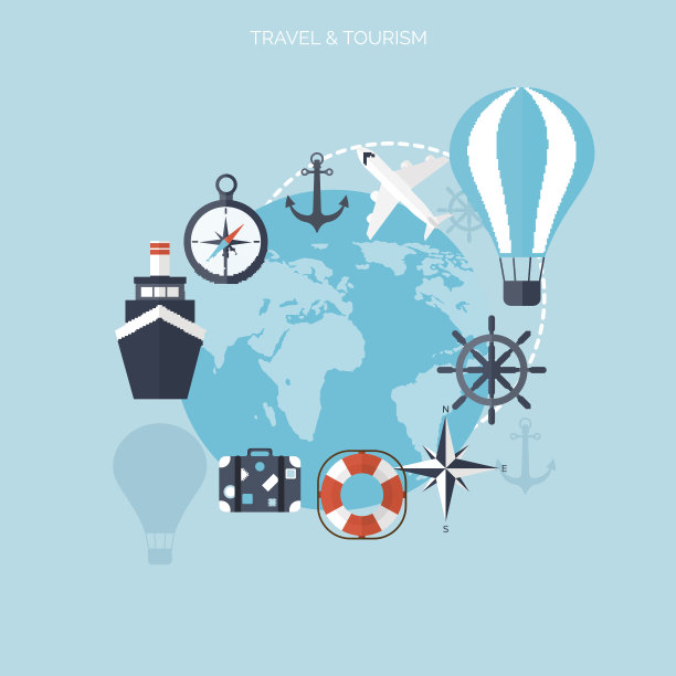 气球图标：世界旅行概念背景的扁平风格图标，旅游假期图片下载